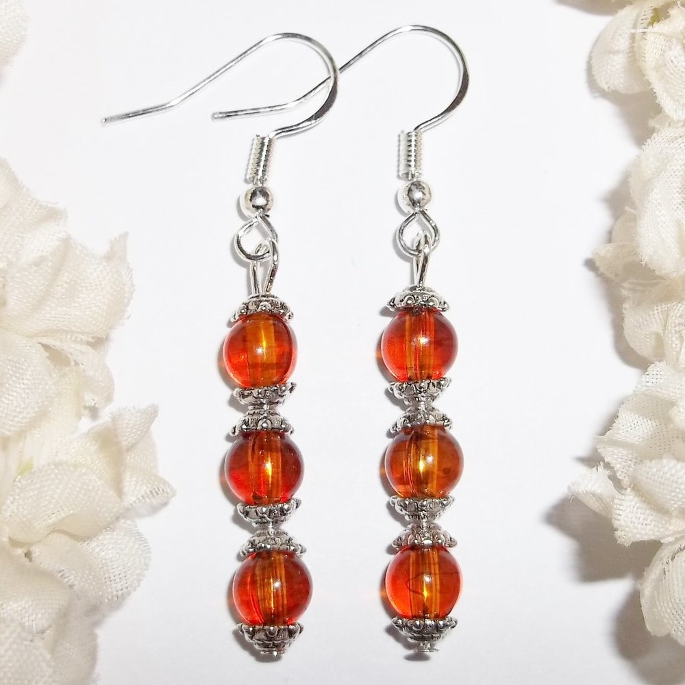Faux Amber Orange Beaded Earrings Dangle Drop 5138